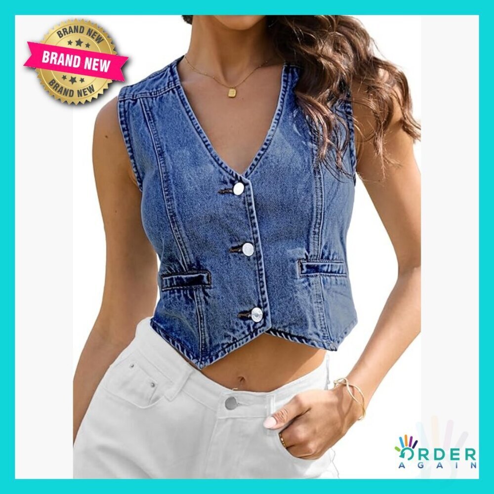 Cropped Denim Vest V-Neck Western Style Sleeveless Top Chic Vintage Outfit